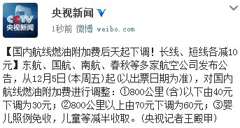 临沧国内航线燃油附加费后天起下调 长线、短线各减10元